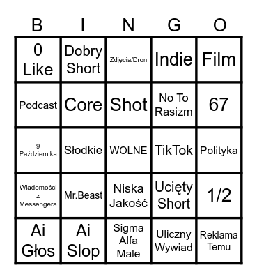 Bingo YT Shorts Bingo Card