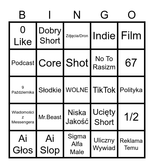 Bingo YT Shorts Bingo Card