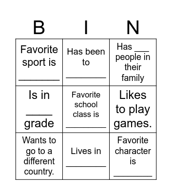 Ice breaker Bingo Card