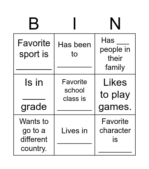 Ice breaker Bingo Card