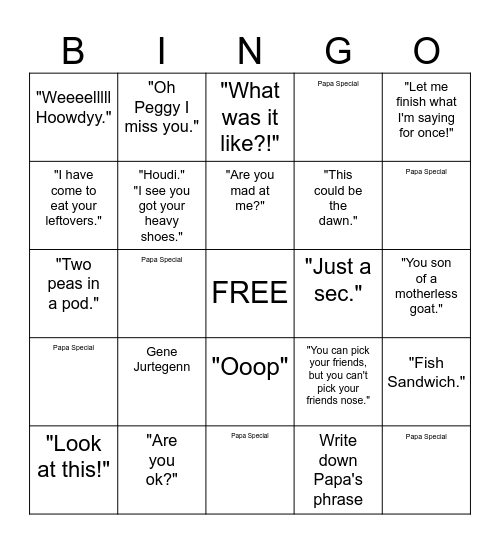 Papa Bingo Card