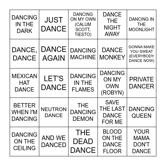 DANCE DANCING Bingo Card