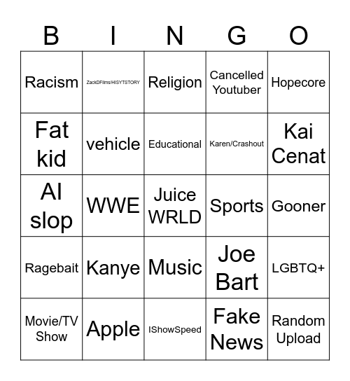 YouTube shorts bingo Card