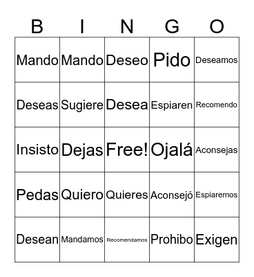 Verbs of Hope/Influence Bingo Card