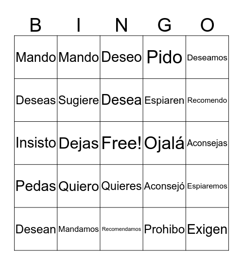 Verbs of Hope/Influence Bingo Card