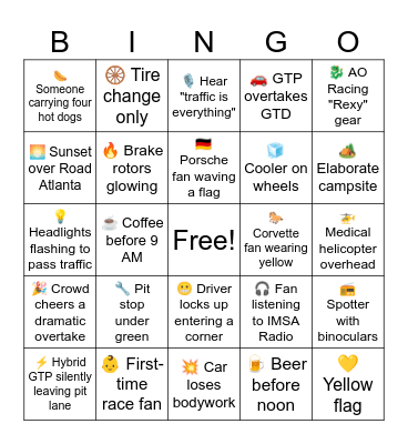 Petit Les Mans Bingo Card