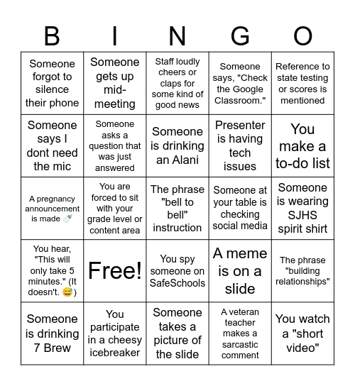 SJSH PD Bingo Card