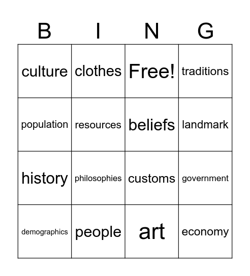 Culture #2 Bingo Card