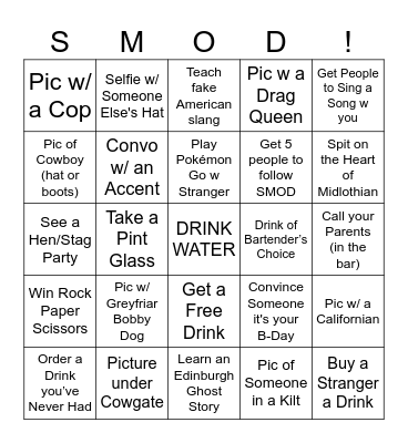 SMOD Bar-crawl Bingo Card