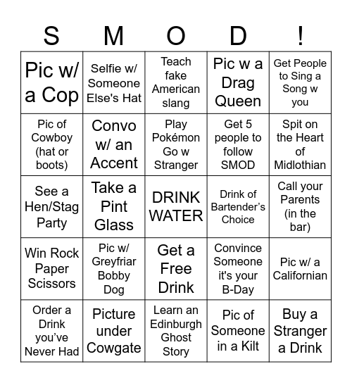 SMOD Bar-crawl Bingo Card