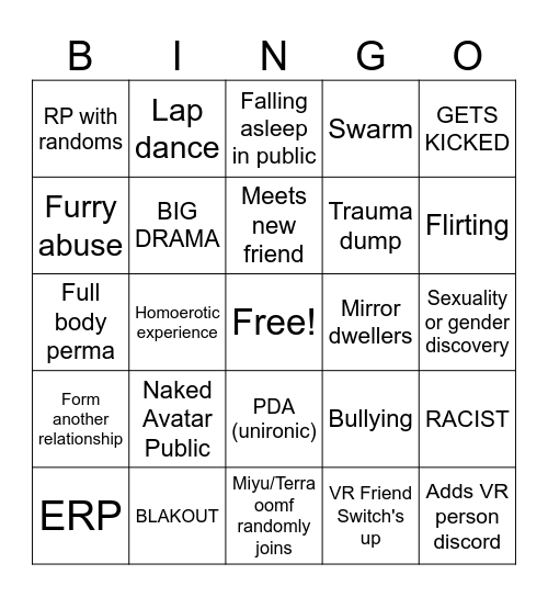 VR CHAT EXTRAVAGANZA Bingo Card