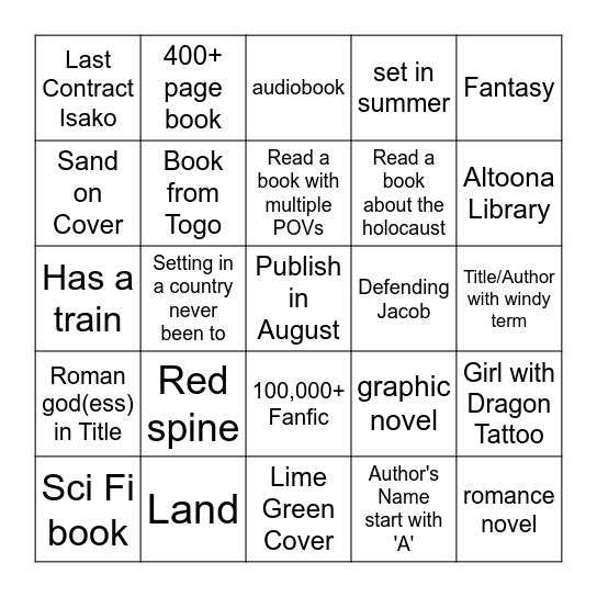 August Reading Challenge Bingo Card