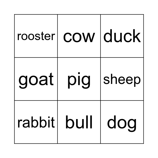 Farm Animals Bingo Card