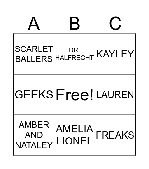 Freak The Geek Bingo Card