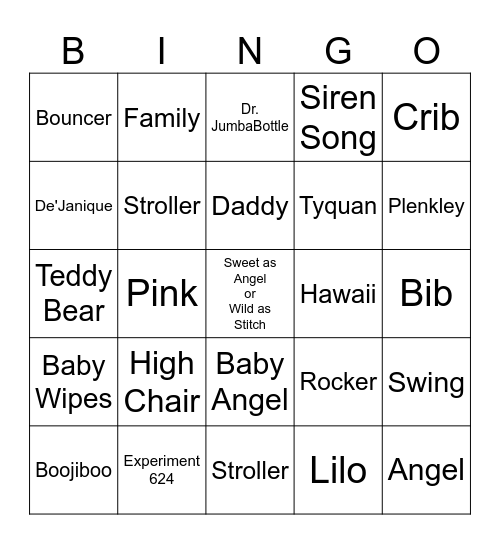 Sweet as Angel or Wild as Stitch Bingo Card