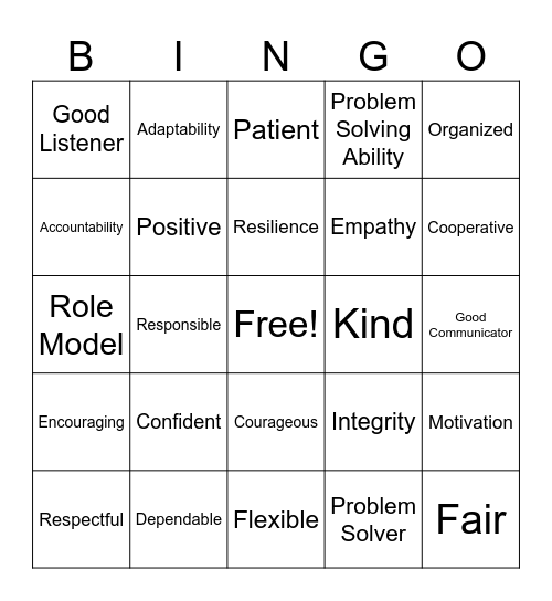 Good Leadership Qualities Bingo Card