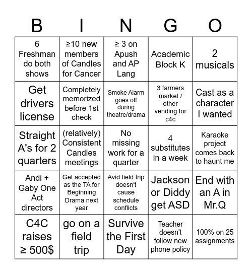 Junior Year Bingo Card