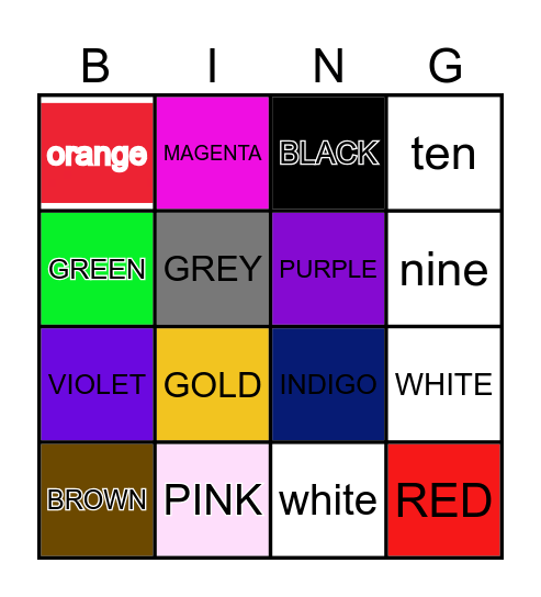COLOURS AND NUMBERS Bingo Card