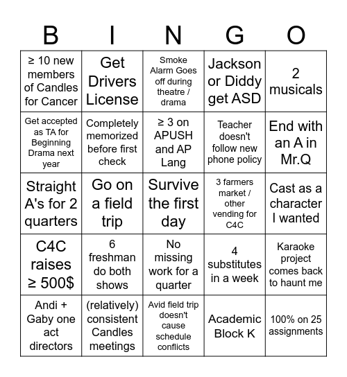 Junior Year Bingo Card