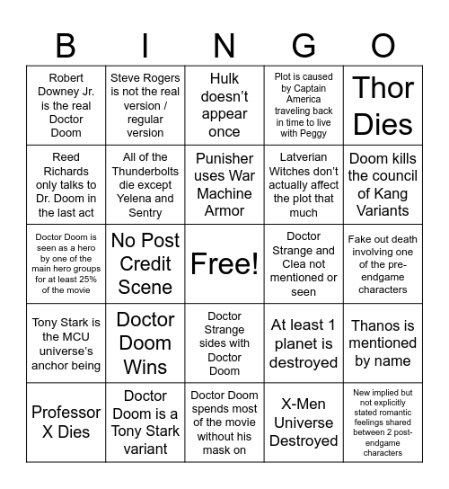 Avengers: Doomsday Bingo Card