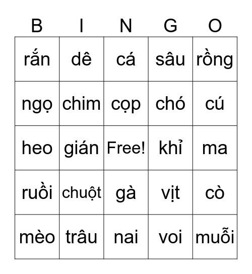 con vật Bingo Card