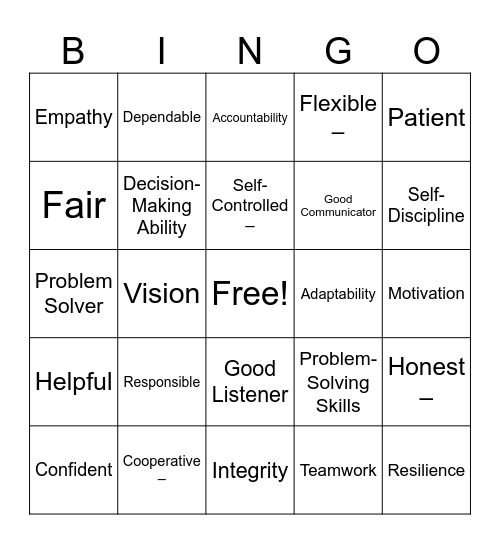 Good Leadership Qualities Bingo Card