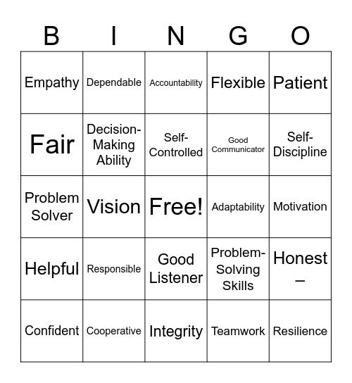 Good Leadership Qualities Bingo Card