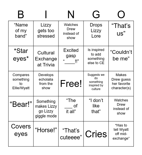 Lizzy Bingo Card