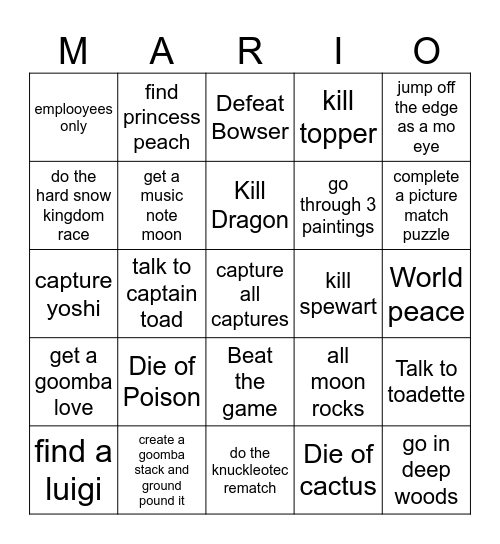 Mario Odyssey Bingo Card