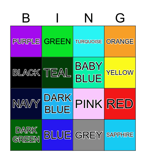 COLOURS NAME Bingo Card