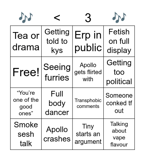 Drunkard Bingo (Apollo) Bingo Card