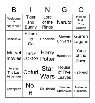 Ten's Fandom Bingo! Bingo Card