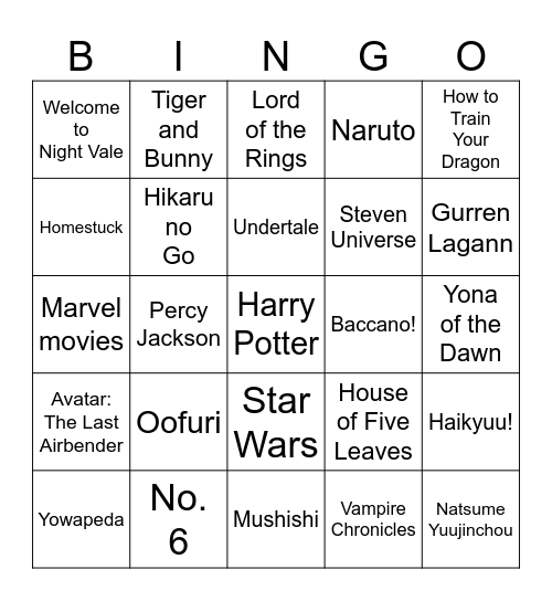 Ten's Fandom Bingo! Bingo Card