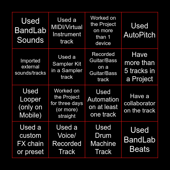 BandLab Bingo Card