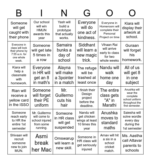 Homeroom bingo! Bingo Card
