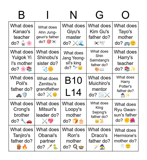 B10 L14 Q What does Harry Potter's father do? 🧙‍♂️✨ Bingo Card
