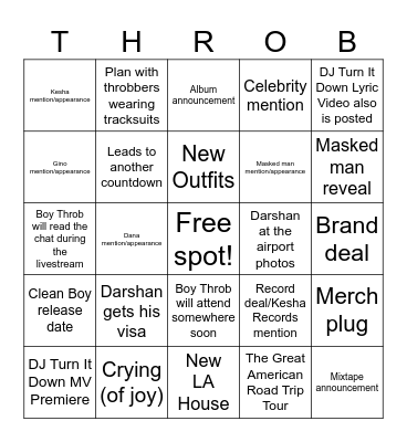 Boy Throb Livestream Bingo Card