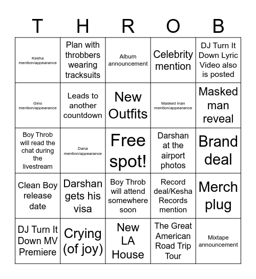 Boy Throb Livestream Bingo Card