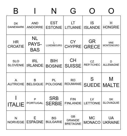 PAYS SUR PLAQUE Bingo Card