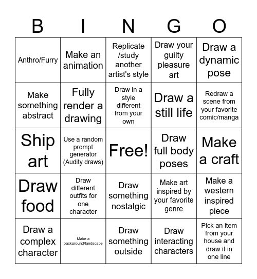 Art Prompt Bingo Card