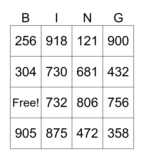 3 digit bingo Card