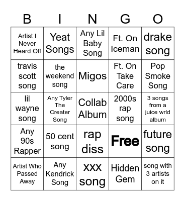 rap song game Bingo Card