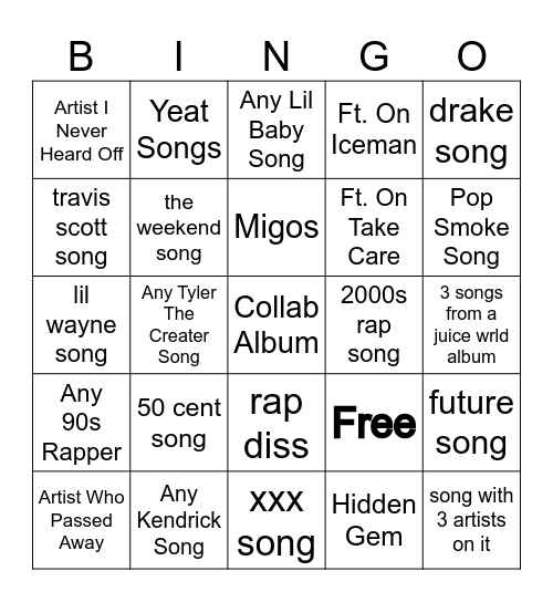 rap song game Bingo Card