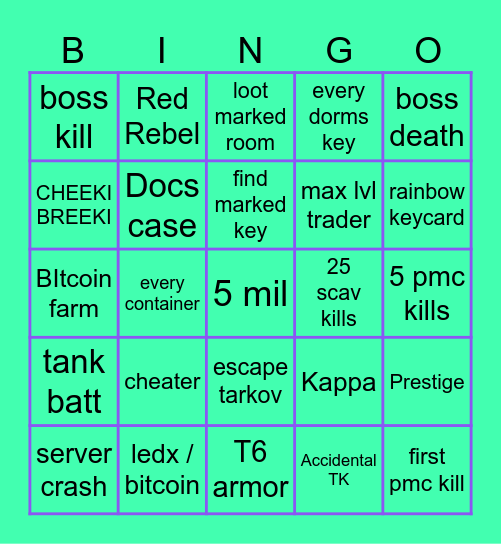 Tarkov wipe Season 1 Bingo Card