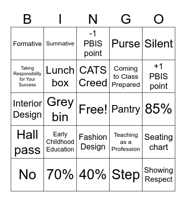 First Days of FCS Bingo Card