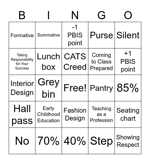 First Days of FCS Bingo Card