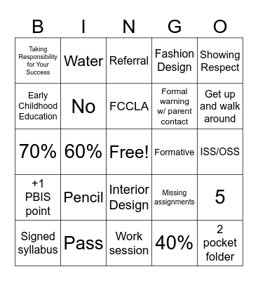 First Days of FCS Bingo Card
