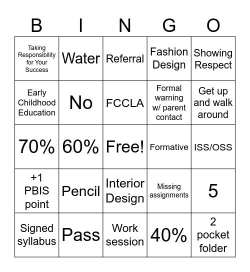 First Days of FCS Bingo Card