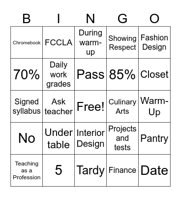 First Days of FCS Bingo Card