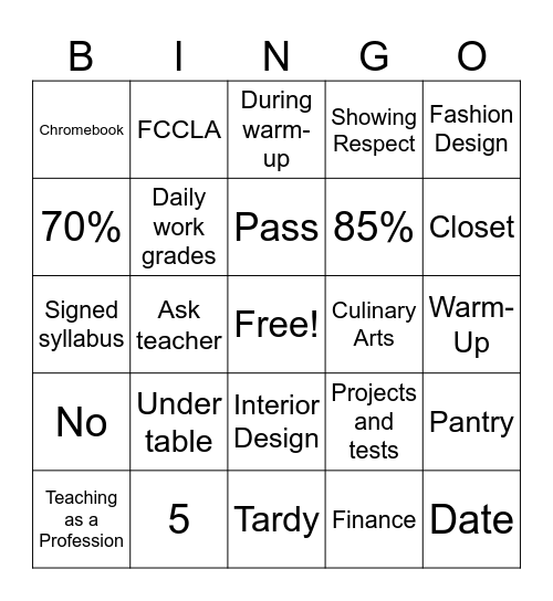 First Days of FCS Bingo Card